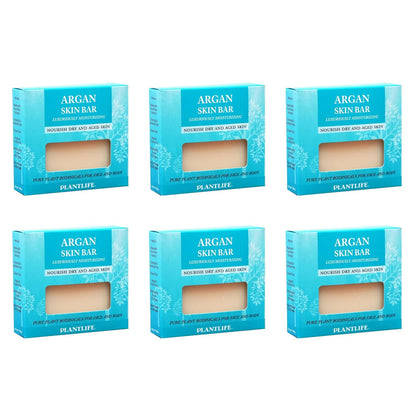 Six boxes of Plantlife Argan Skin Bar on a white background