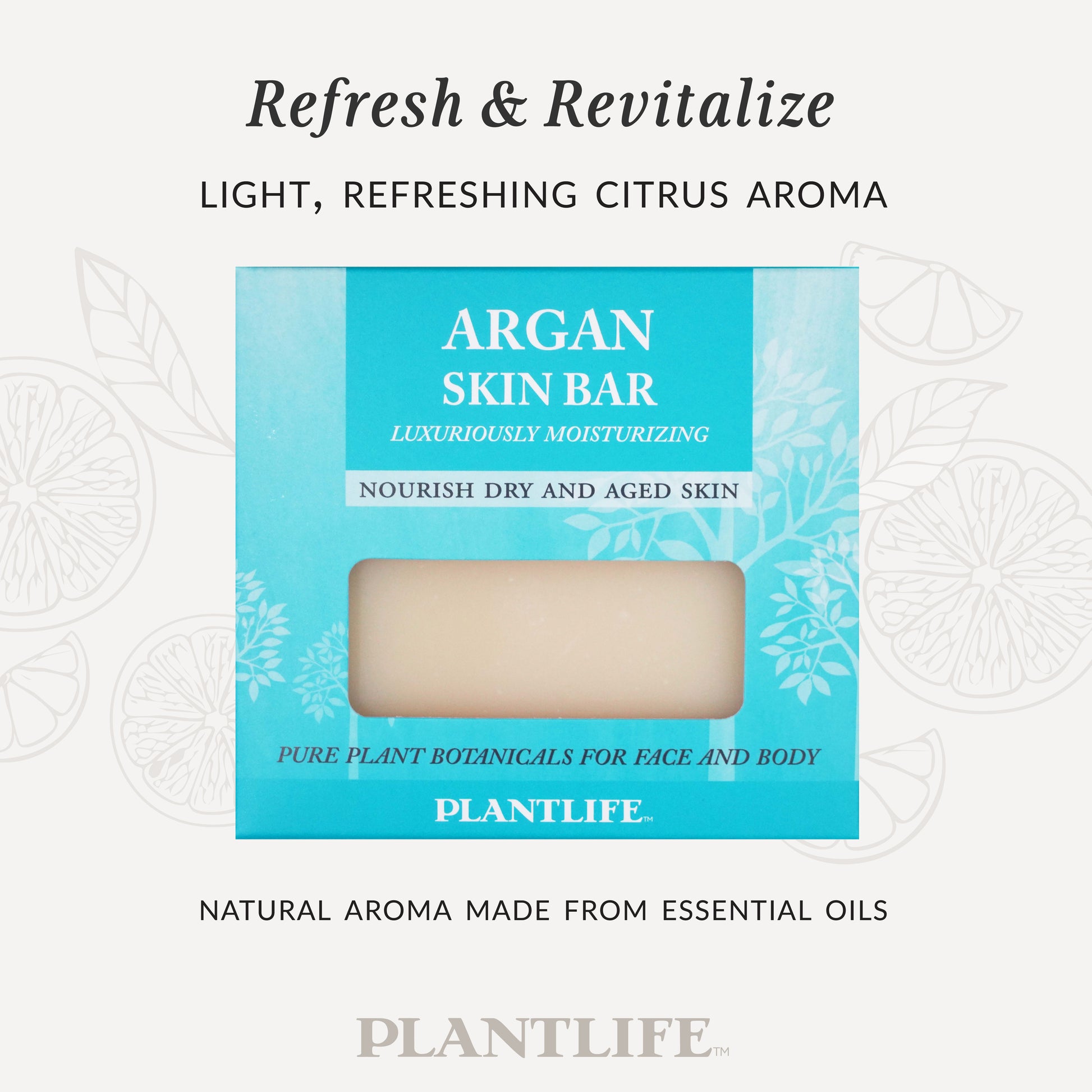 Plantlife Argan Skin Bar in turquoise packaging with a window displaying the soap. Text reads “Refresh & Revitalize – Light, refreshing citrus aroma” and “Natural aroma made from essential oils.”