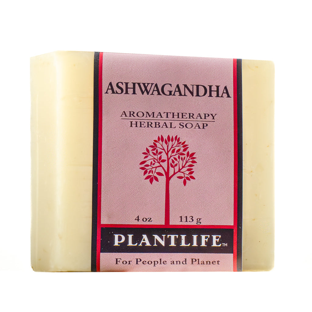 Plantlife Ashwagandha Aromatherapy Herbal Soap bar with a pink and black label, shown on a plain white background.