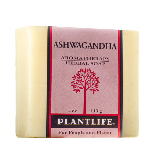 Plantlife Ashwagandha Aromatherapy Herbal Soap bar with a pink and black label, shown on a plain white background.