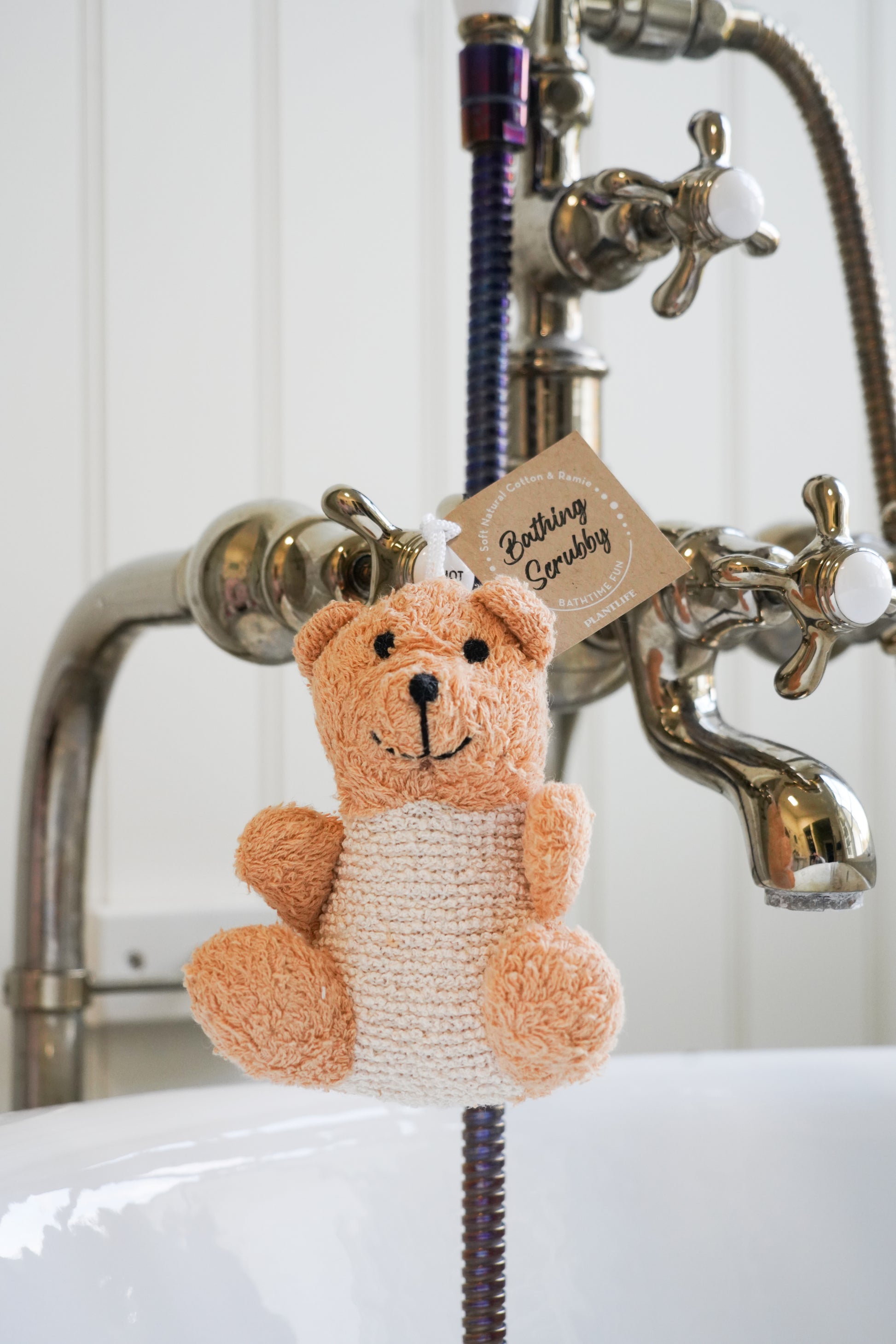 Plantlife Tan Bear Bath Scrubby – Soft Cotton Kids Bath Accessory for Gentle Exfoliation and Adorable Bathtime Fun