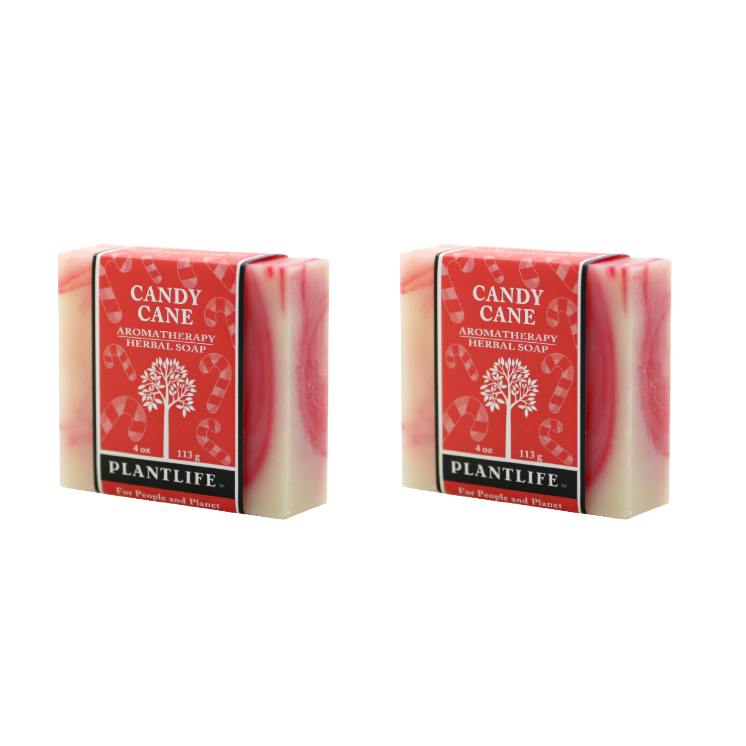 Two bars of Candy Cane Plantlife soap on a white background