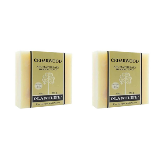 Plantlife Cedarwood Aromatherapy Herbal Soap bar, 4 oz (113 g), labeled as 100% pure and natural, with tree logo and beige label design.
