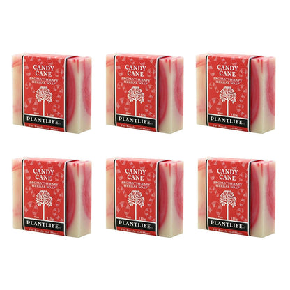 Six bars of Plantlife Candy Cane Aromatherapy Herbal Soap on a white background