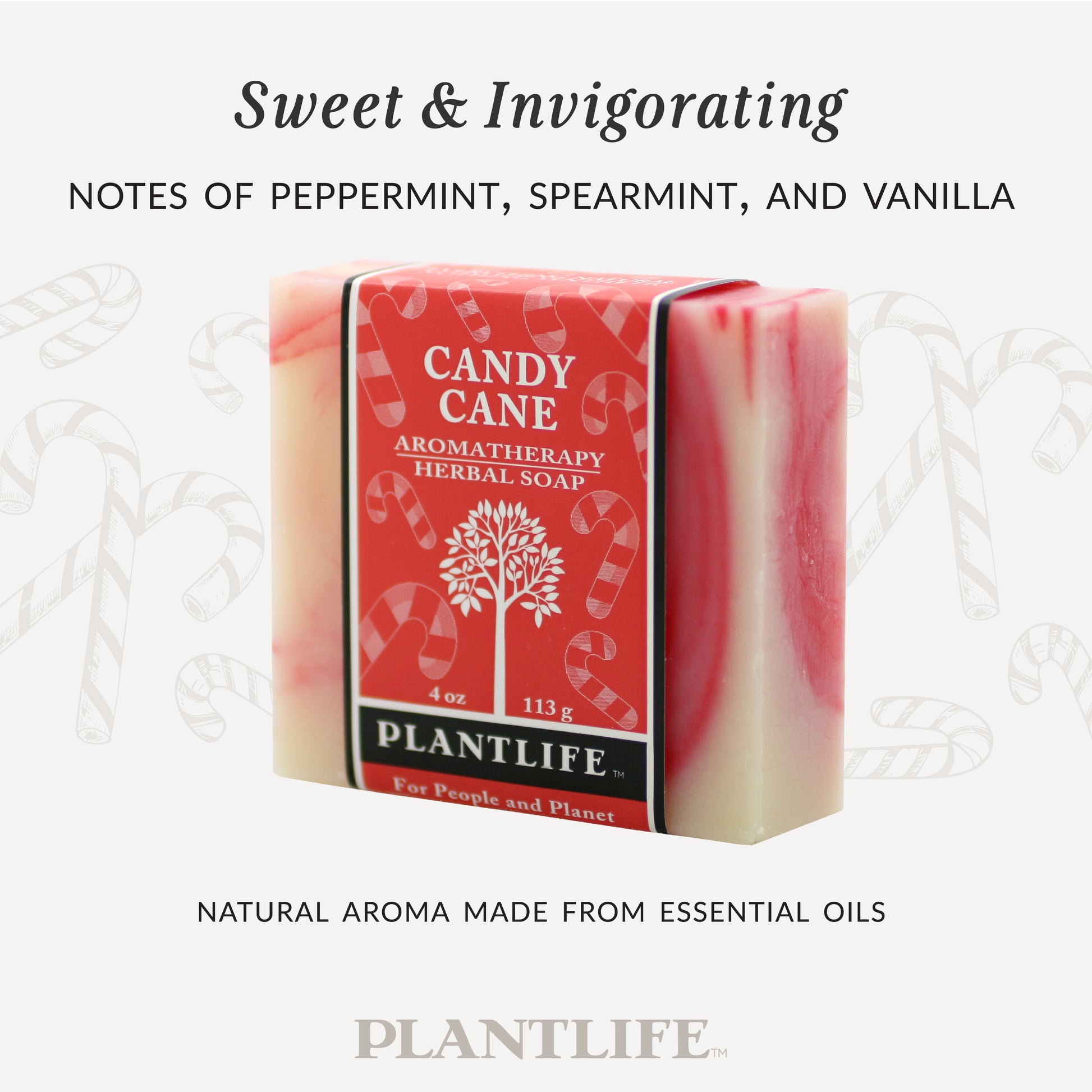 Plantlife Candy Cane Aromatherapy Herbal Soap in red and white swirled design with matching red label. Text reads “Sweet & Invigorating – Notes of peppermint, spearmint, and vanilla” and “Natural aroma made from essential oils.”