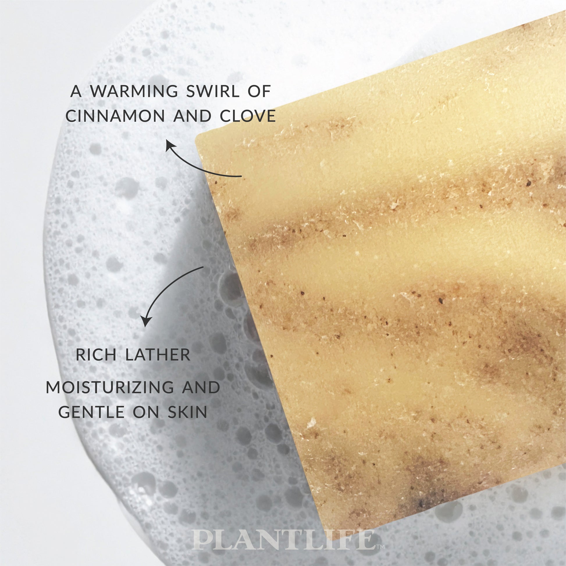 Close-up of a golden-brown Plantlife soap bar with swirls of color resting in foamy water. Text on the image highlights “A warming swirl of cinnamon and clove” and “Rich lather, moisturizing and gentle on skin.”
