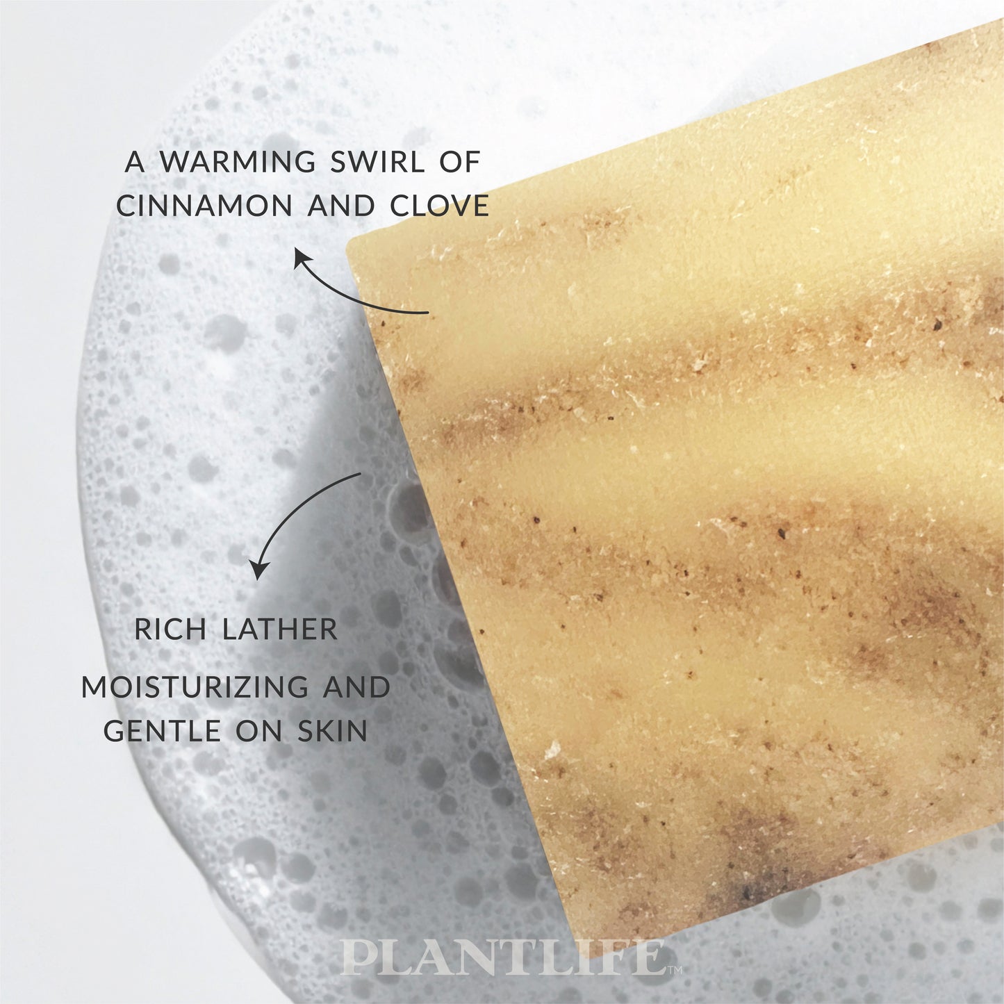 Close-up of a golden-brown Plantlife soap bar with swirls of color resting in foamy water. Text on the image highlights “A warming swirl of cinnamon and clove” and “Rich lather, moisturizing and gentle on skin.”
