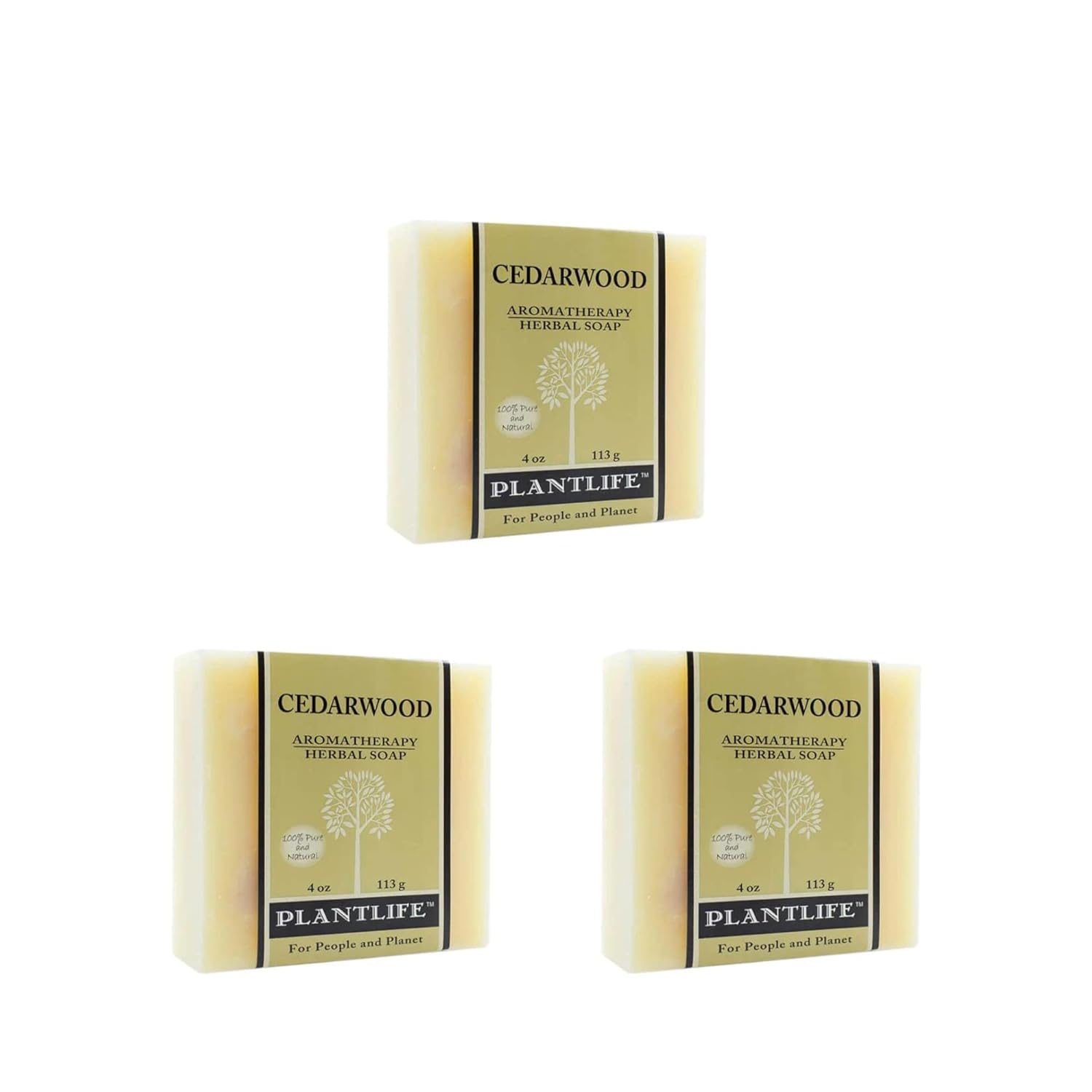 Plantlife Cedarwood Aromatherapy Herbal Soap bar, 4 oz (113 g), labeled as 100% pure and natural, with tree logo and beige label design.