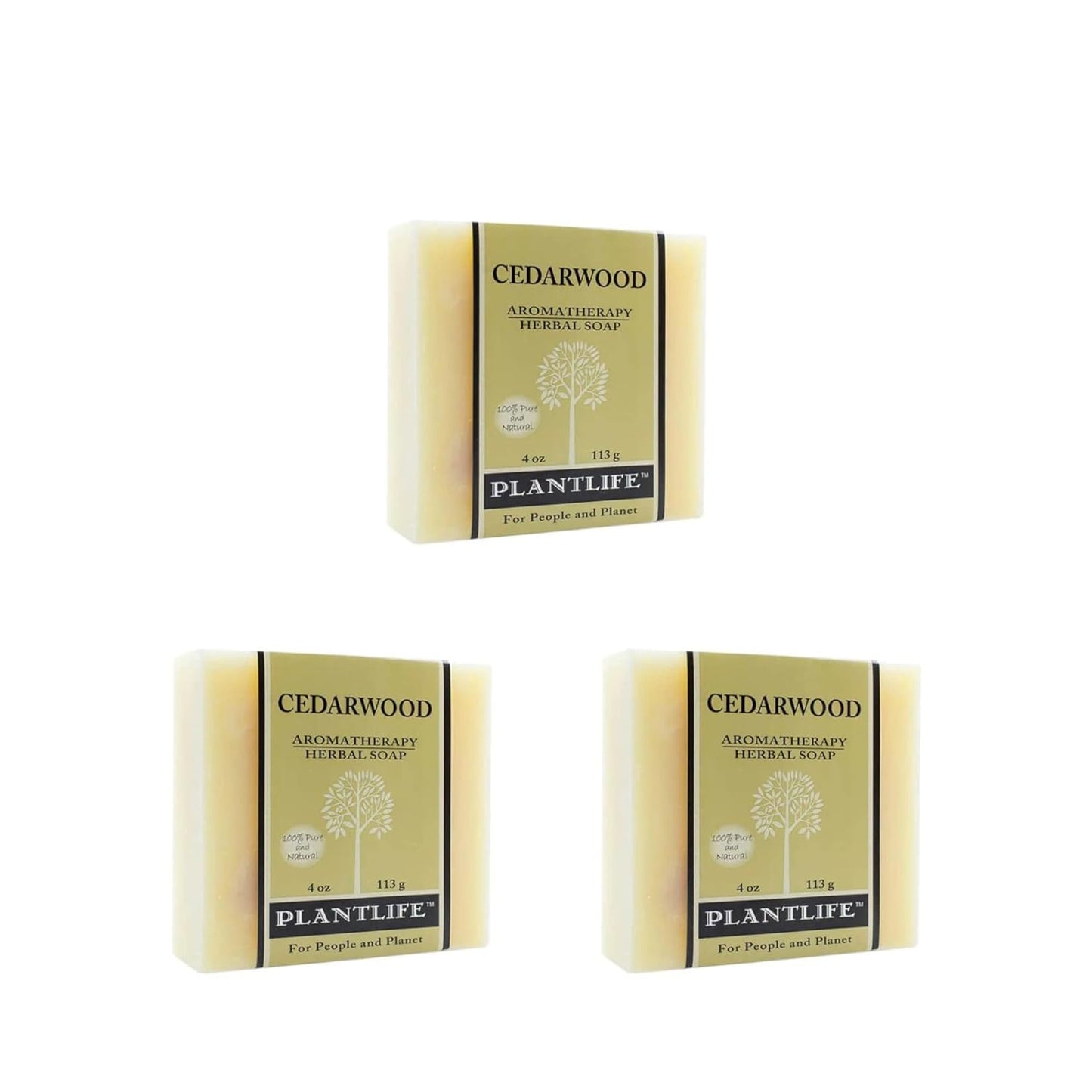 Plantlife Cedarwood Aromatherapy Herbal Soap bar, 4 oz (113 g), labeled as 100% pure and natural, with tree logo and beige label design.