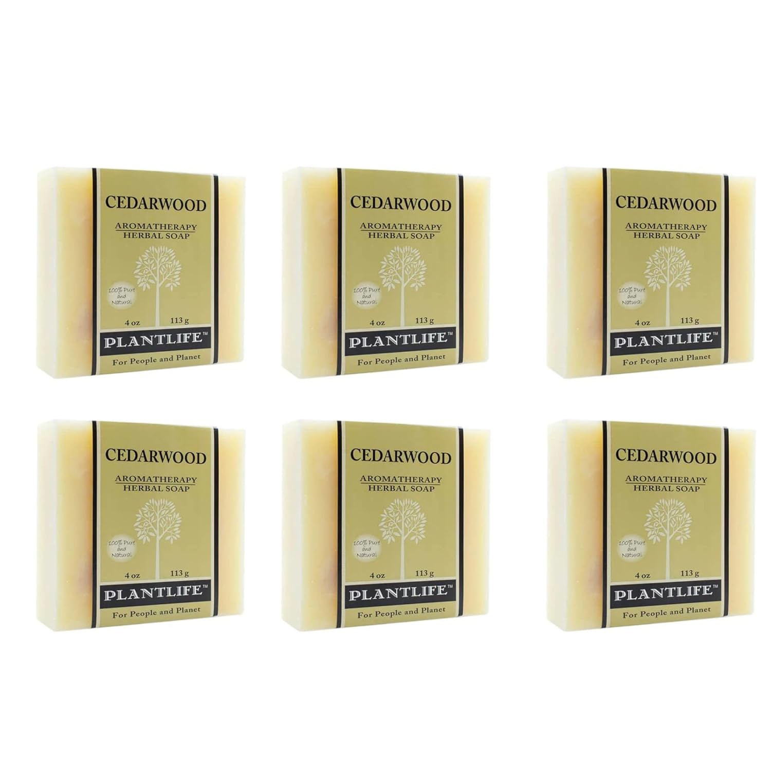 Plantlife Cedarwood Aromatherapy Herbal Soap bar, 4 oz (113 g), labeled as 100% pure and natural, with tree logo and beige label design.