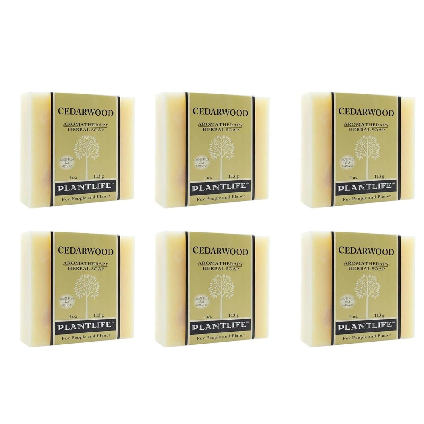 Plantlife Cedarwood Aromatherapy Herbal Soap bar, 4 oz (113 g), labeled as 100% pure and natural, with tree logo and beige label design.