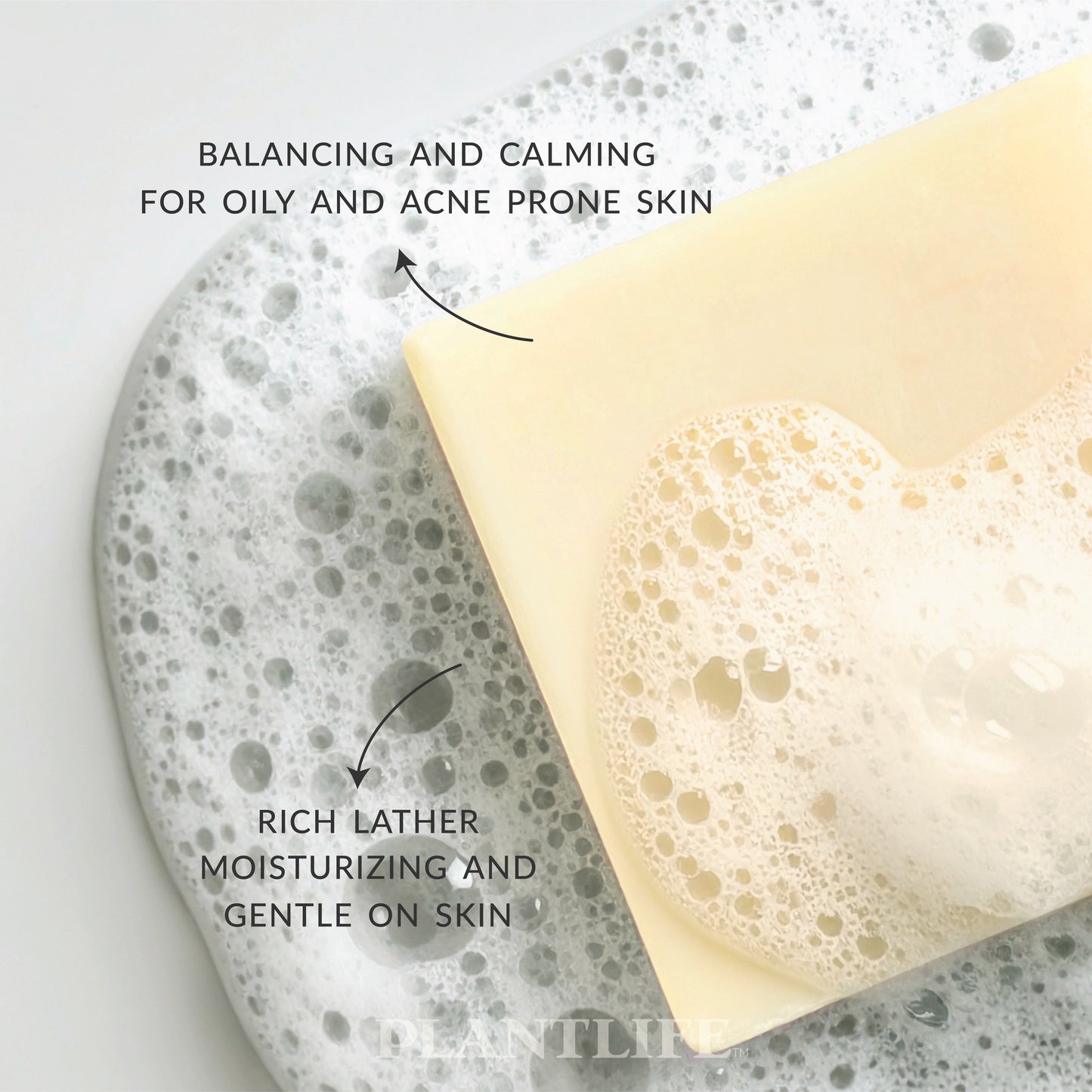 Close-up of a creamy beige Plantlife soap bar resting in bubbly water. Text on the image highlights “Balancing and calming for oily and acne-prone skin” and “Rich lather, moisturizing and gentle on skin.”