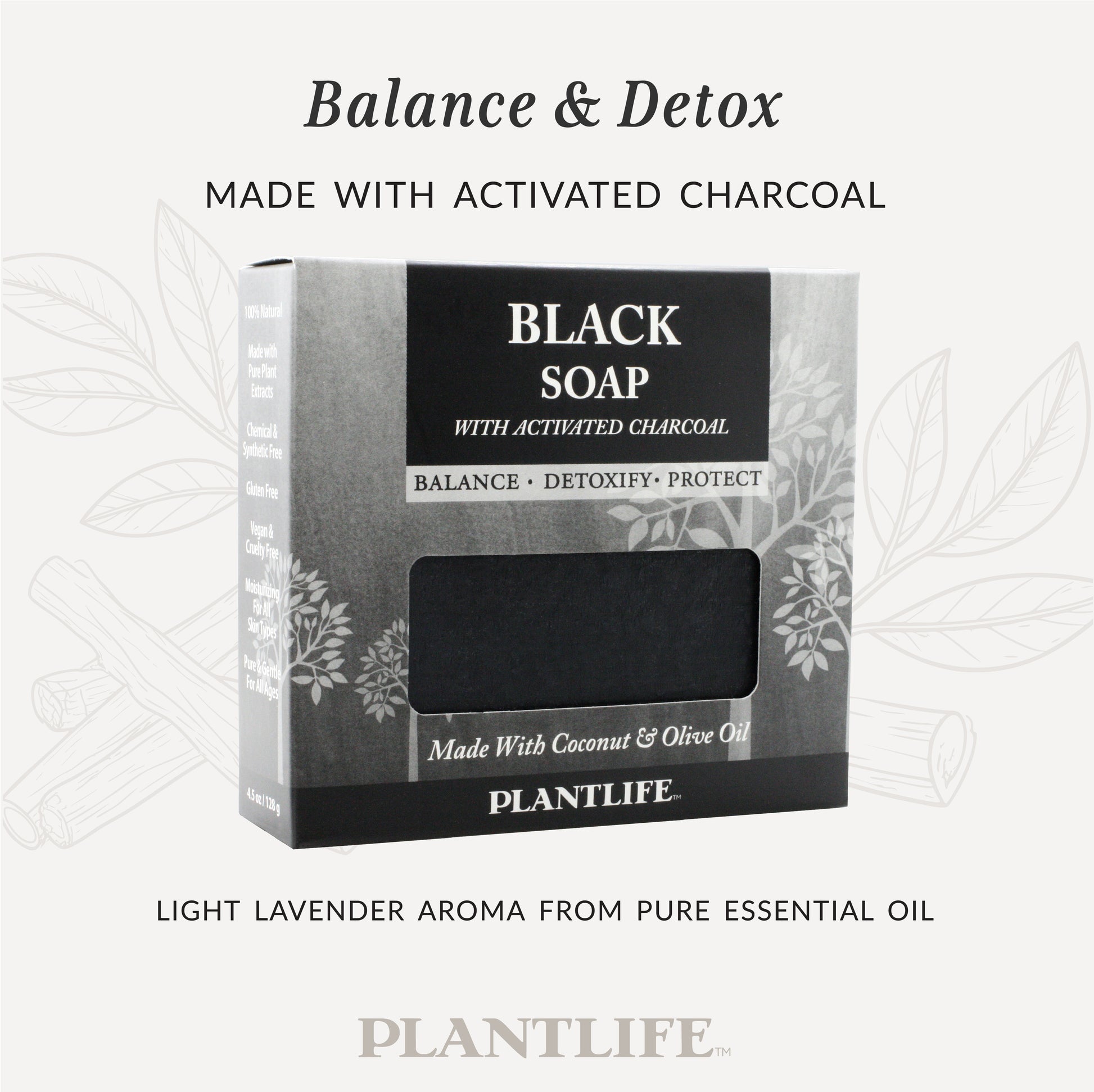 Plantlife Black Soap with Activated Charcoal in dark gray packaging featuring a window showing the soap. Text reads “Balance & Detox – Made with activated charcoal” and “Light lavender aroma from pure essential oil.”