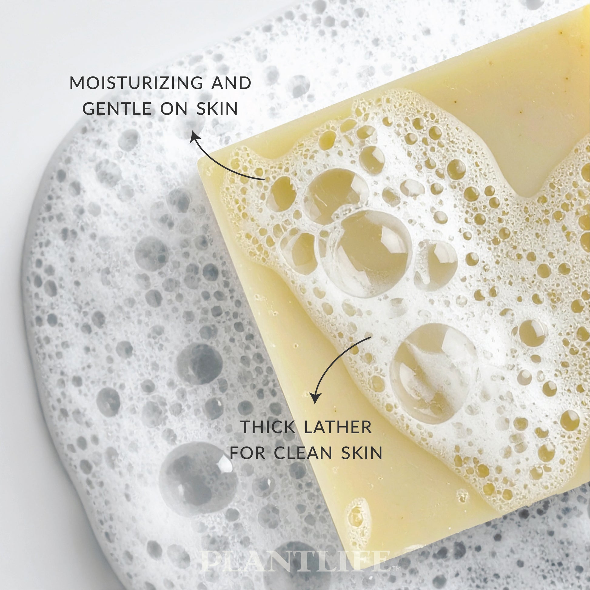 Bar of soap with foam on a gray background, labeled 'Moisturizing and gentle on skin' and 'Thick lather for clean skin'.