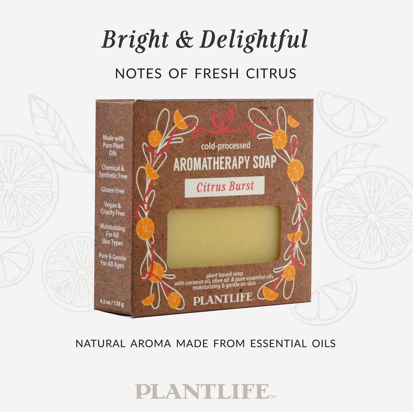 Plantlife Citrus Burst Aromatherapy Soap in brown packaging decorated with orange citrus illustrations. Text reads “Bright & Delightful – Notes of fresh citrus” and “Natural aroma made from essential oils.”