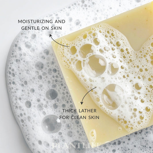 Bar of soap with foam on a gray background, labeled 'Moisturizing and gentle on skin' and 'Thick lather for clean skin'.