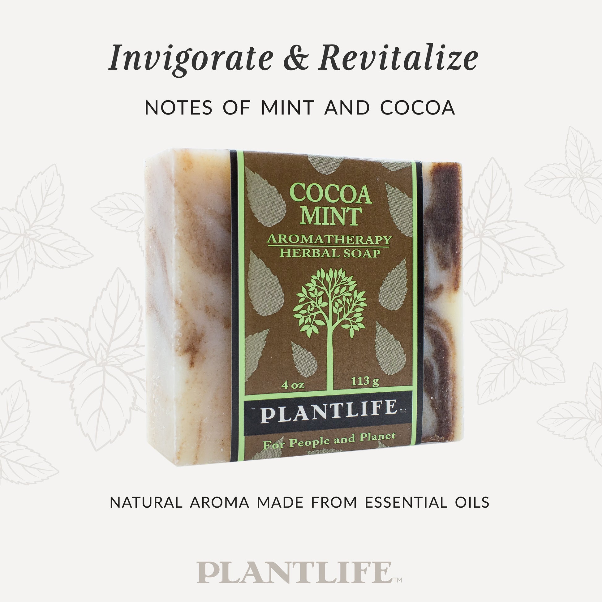 Plantlife Cocoa Mint Aromatherapy Herbal Soap in brown and green packaging with a marbled natural soap bar. Text reads “Invigorate & Revitalize – Notes of mint and cocoa” and “Natural aroma made from essential oils.” Refreshing, plant-based soap handcrafted for clean, nourished, and revitalized skin.