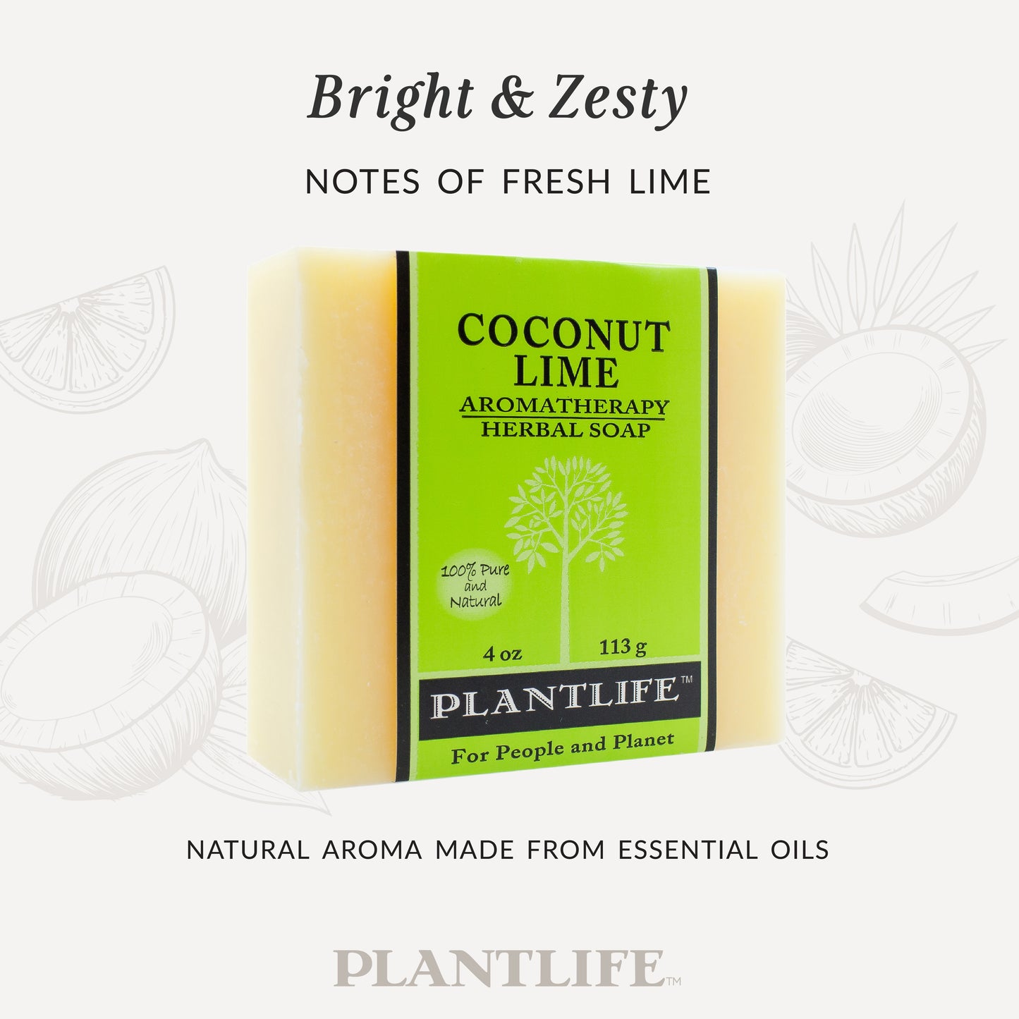 Plantlife Coconut Lime Aromatherapy Herbal Soap in bright green packaging with a pale yellow bar. Text reads “Bright & Zesty – Notes of fresh lime” and “Natural aroma made from essential oils.” Refreshing tropical soap handcrafted with coconut and lime essential oils for a clean, uplifting scent.
