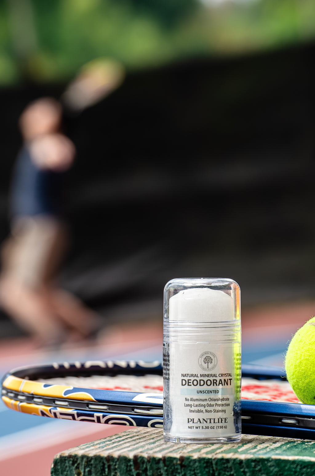 Plantlife unscented mineral crystal deodorant stick with tennis gear for active natural odor protection