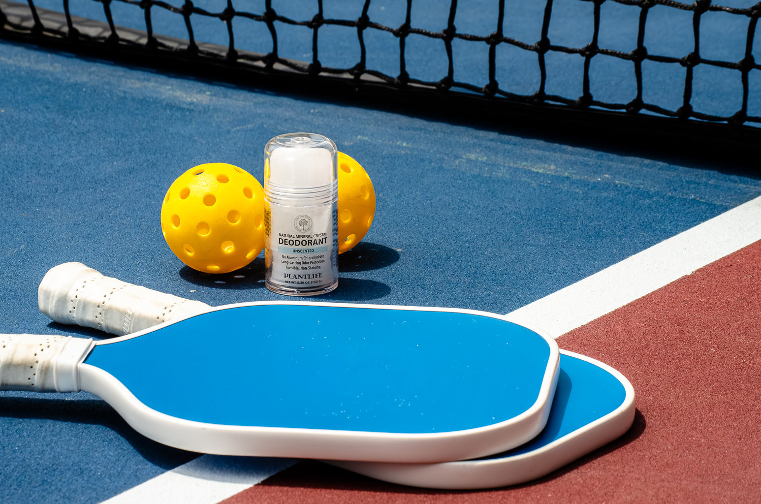 Plantlife unscented mineral crystal deodorant with pickleball gear for active natural odor protection