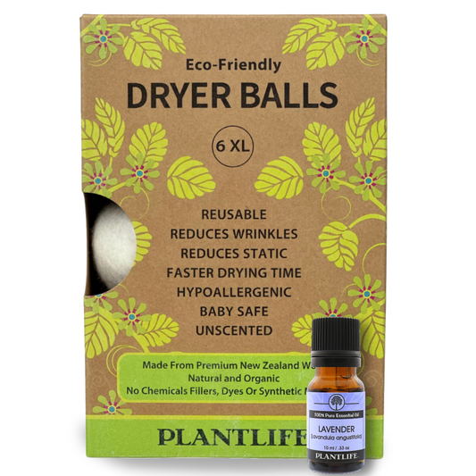 Plantlife Eco-Friendly Dryer Balls in a brown kraft paper box with green leaf illustrations, shown next to a small lavender essential oil bottle on a white background.