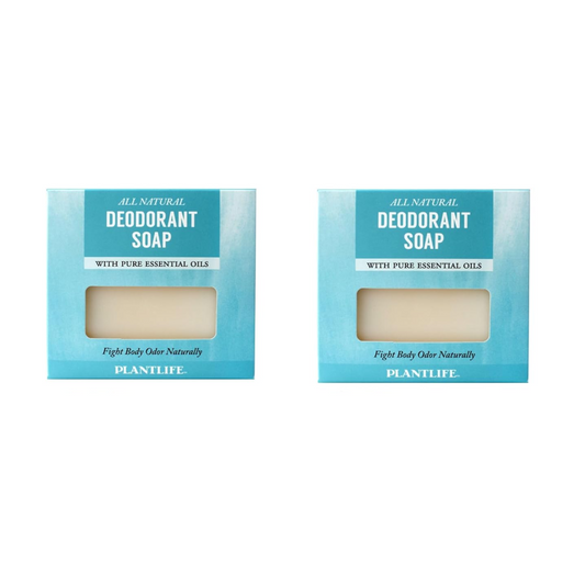 Two packages of Plantlife all-natural deodorant soap on a white background