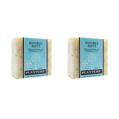 Two bars of Plantlife Double Mint Aromatherapy Herbal Soap on a white background