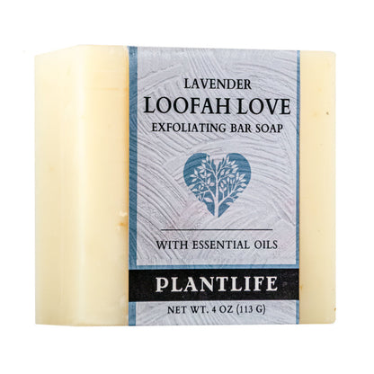 Bar of soap with 'Loofah Love' packaging on a white background