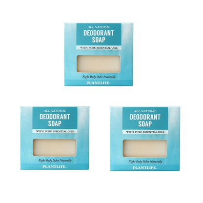 Three boxes of Plantlife all-natural deodorant soap on a white background