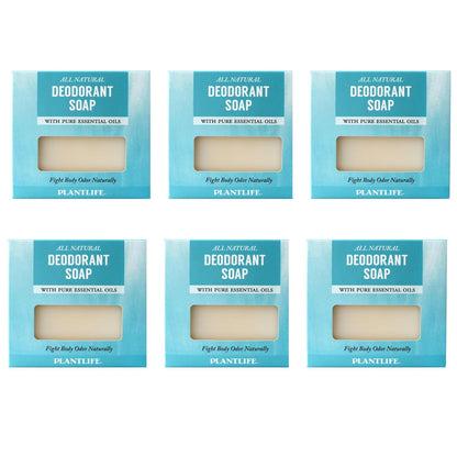 Six packages of Plantlife all-natural deodorant soap on a white background