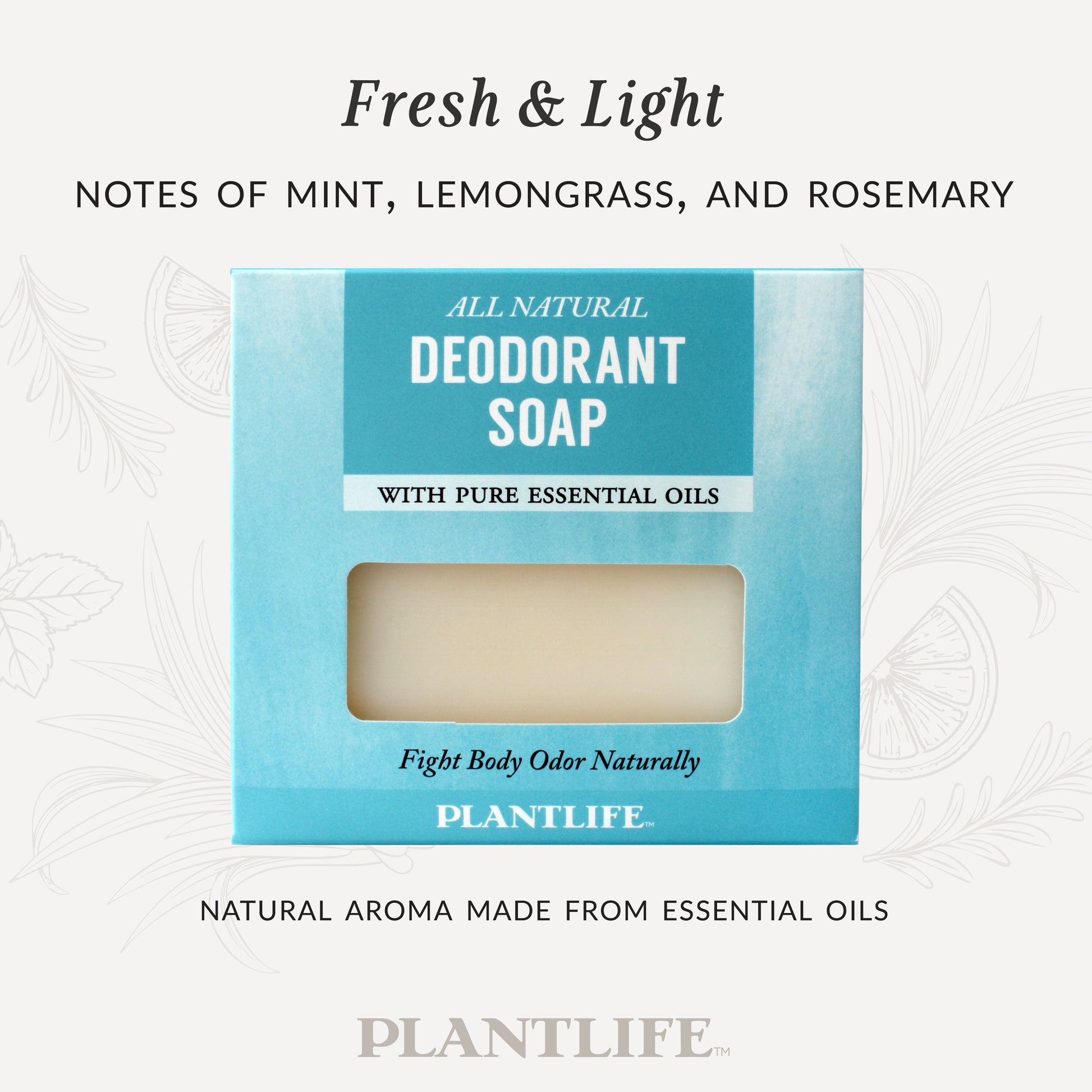 Plantlife All Natural Deodorant Soap in blue packaging with a light beige bar visible through a window. Text reads “Fresh & Light – Notes of mint, lemongrass, and rosemary” and “Natural aroma made from essential oils.” Handcrafted deodorizing soap with pure essential oils to cleanse and refresh skin naturally.