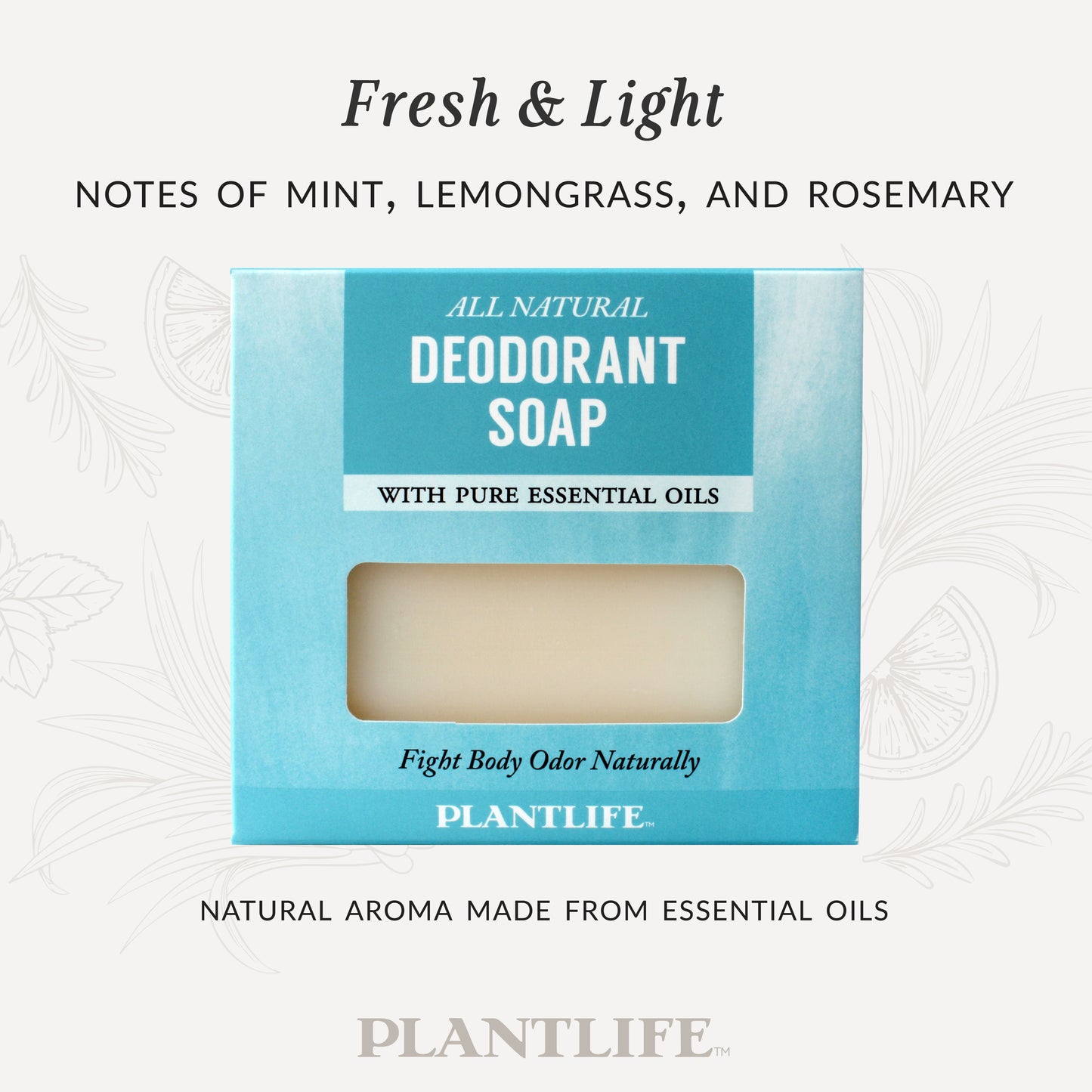 Plantlife All Natural Deodorant Soap in blue packaging with a light beige bar visible through a window. Text reads “Fresh & Light – Notes of mint, lemongrass, and rosemary” and “Natural aroma made from essential oils.” Handcrafted deodorizing soap with pure essential oils to cleanse and refresh skin naturally.