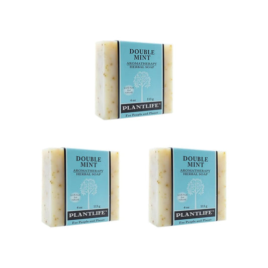 Three bars of Plantlife Double Mint Aromatherapy Herbal Soap on a white background