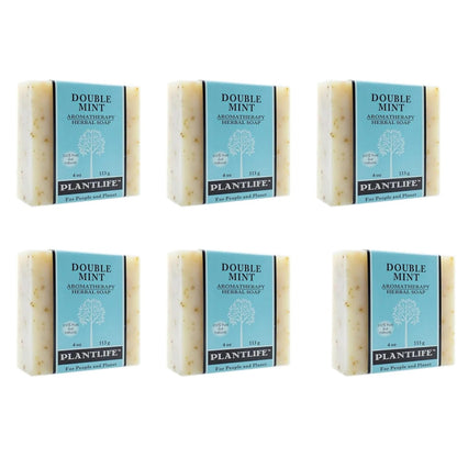 Six bars of Plantlife Double Mint Aromatherapy Herbal Soap on a white background