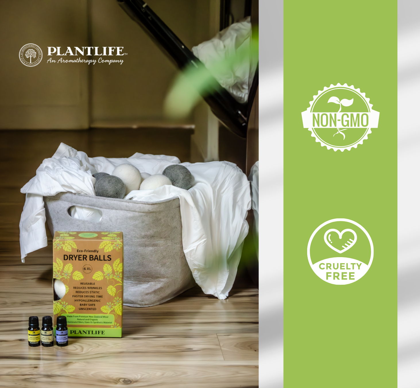Plantlife dryer balls and essential oils with a laundry basket in the background