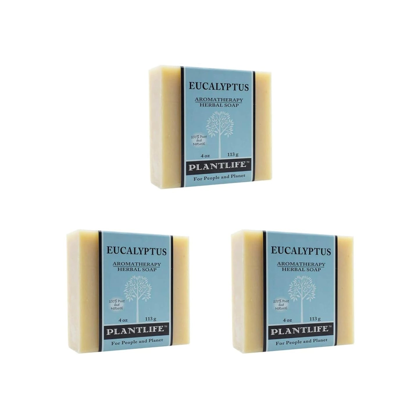 Three bars of Plantlife Eucalyptus Aromatherapy Herbal Soap on a white background