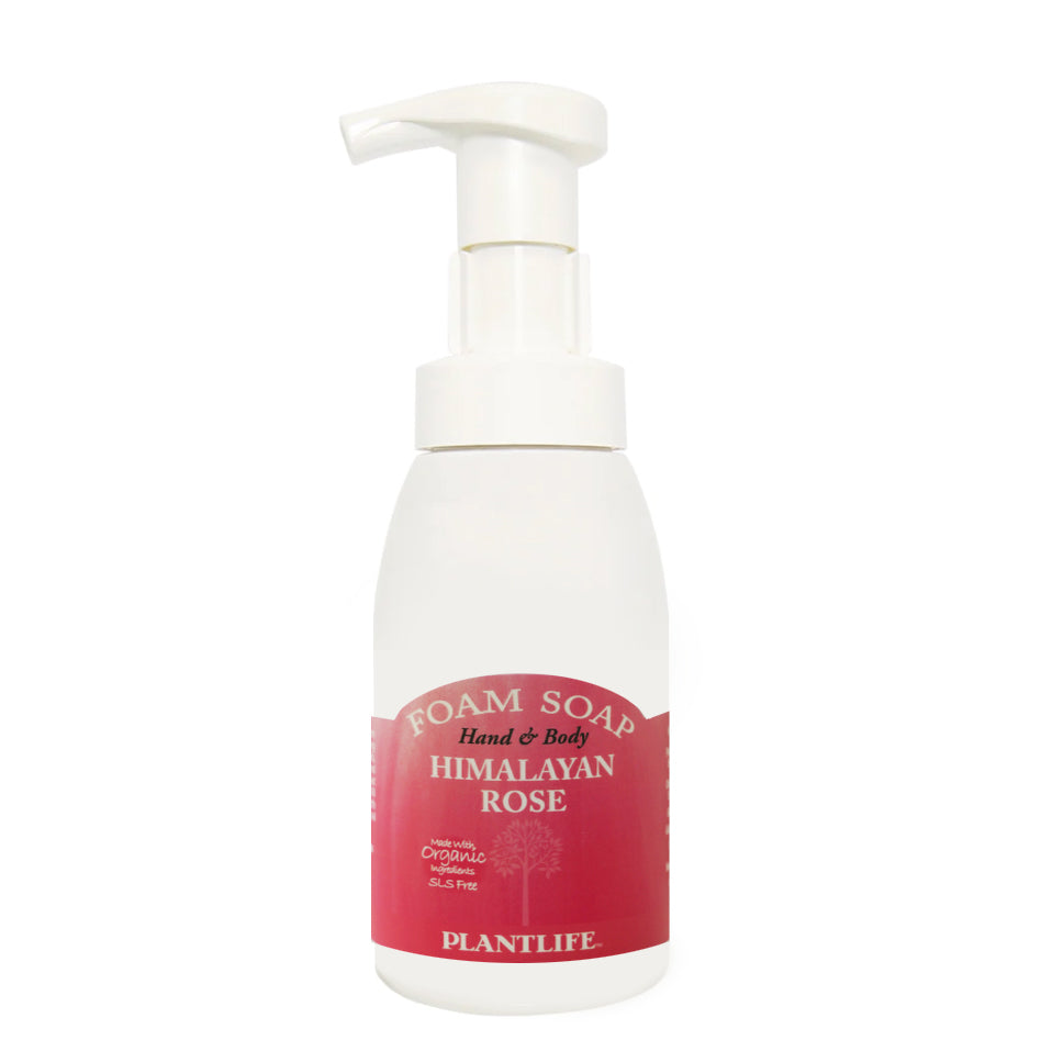 Foam soap bottle with Himalayan Rose label on a white background