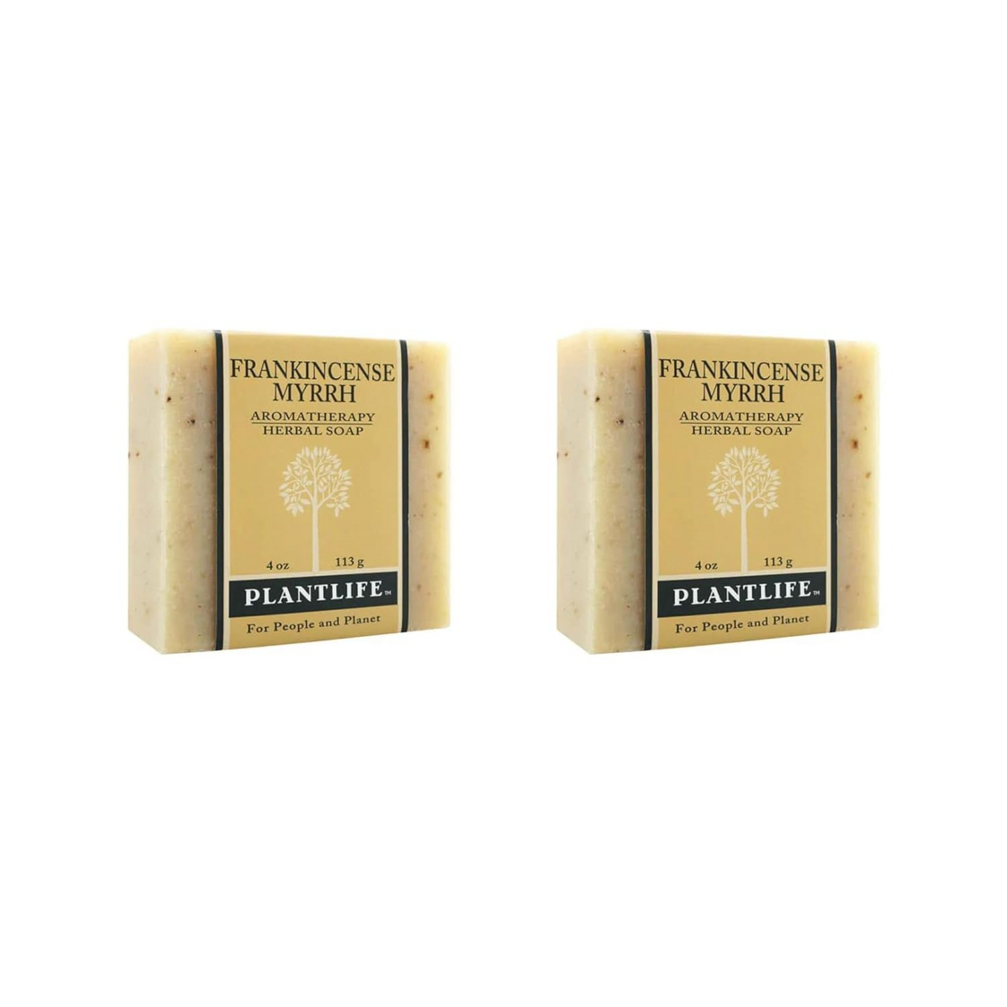 Two bars of Plantlife Frankincense Myrrh soap on a white background