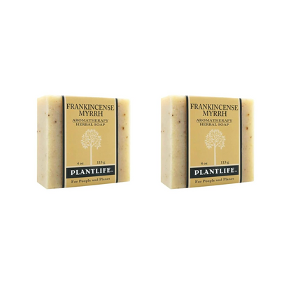 Two bars of Plantlife Frankincense Myrrh soap on a white background