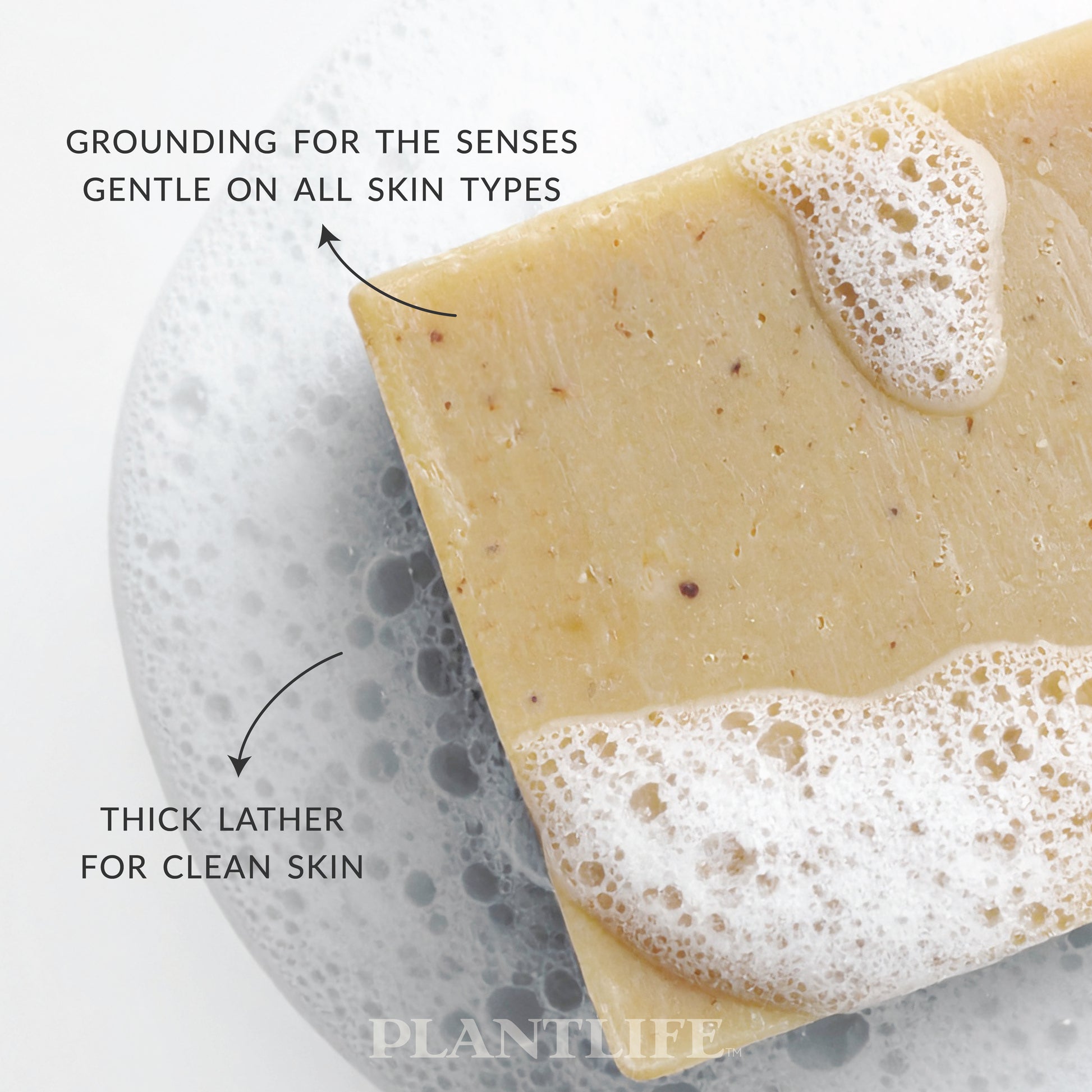 Close-up of a tan Plantlife soap bar resting in bubbly water. Text on the image highlights “Grounding for the senses, gentle on all skin types” and “Thick lather for clean skin.”