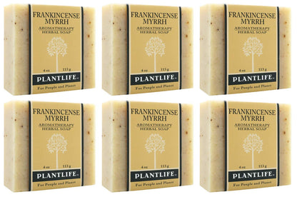 Six bars of Frankincense Myrrh Plantlife soap in packaging.