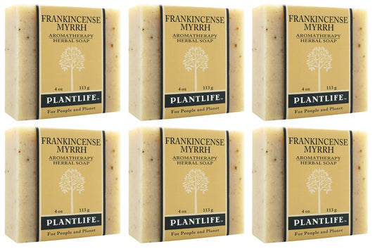 Six bars of Frankincense Myrrh Plantlife soap in packaging.