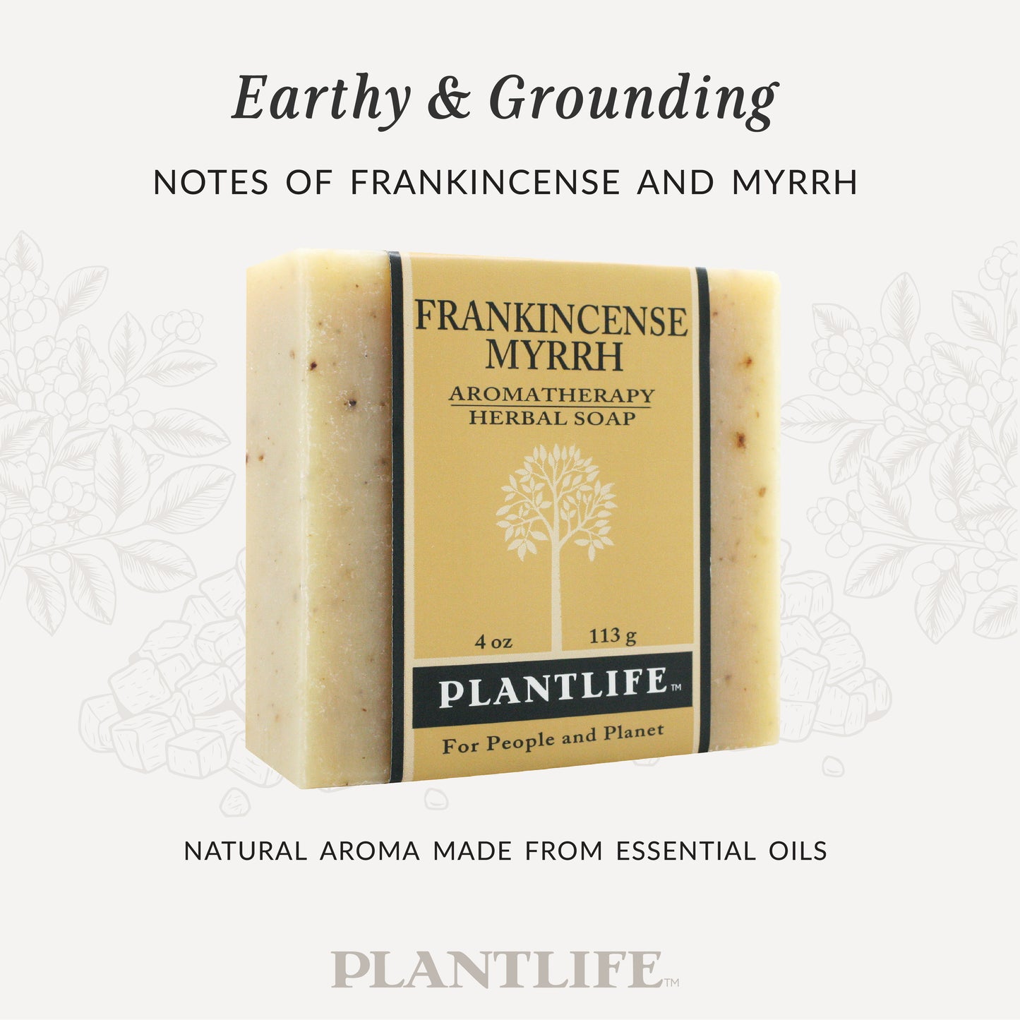 Plantlife Frankincense Myrrh Aromatherapy Herbal Soap in golden packaging with a natural tan bar. Text reads “Earthy & Grounding – Notes of frankincense and myrrh” and “Natural aroma made from essential oils.”