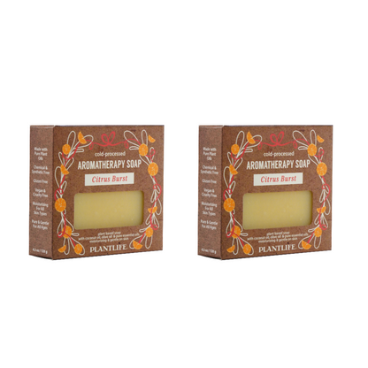 Two boxes of Plantlife Aromatherapy Soap with a citrus burst scent on a white background.