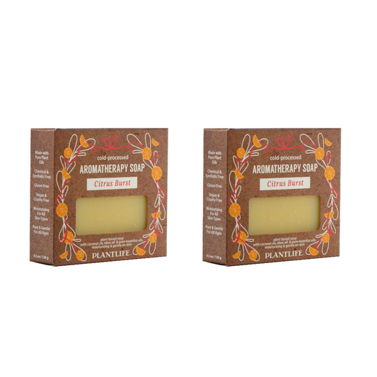 Two boxes of Plantlife Aromatherapy Soap with a citrus burst scent on a white background.
