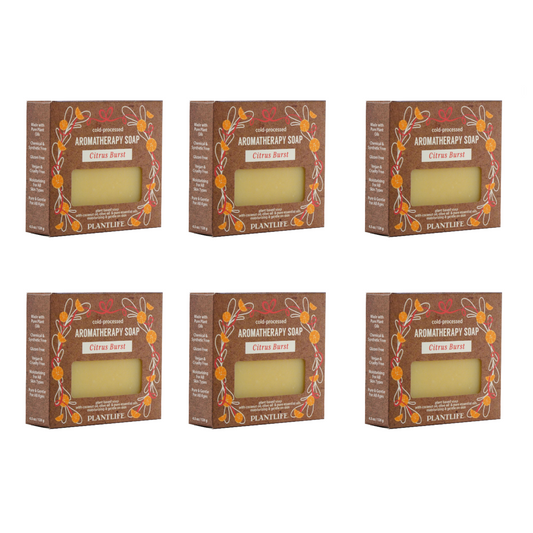 Six boxes of Plantlife Aromatherapy Soap with a Citrus Burst scent on a white background.