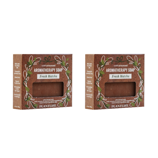 Two packages of Plantlife Aromatherapy Soap with a Fresh Matcha bar inside on a white background