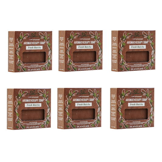 Six boxes of Plantlife Aromatherapy Soap Fresh Matcha on a white background