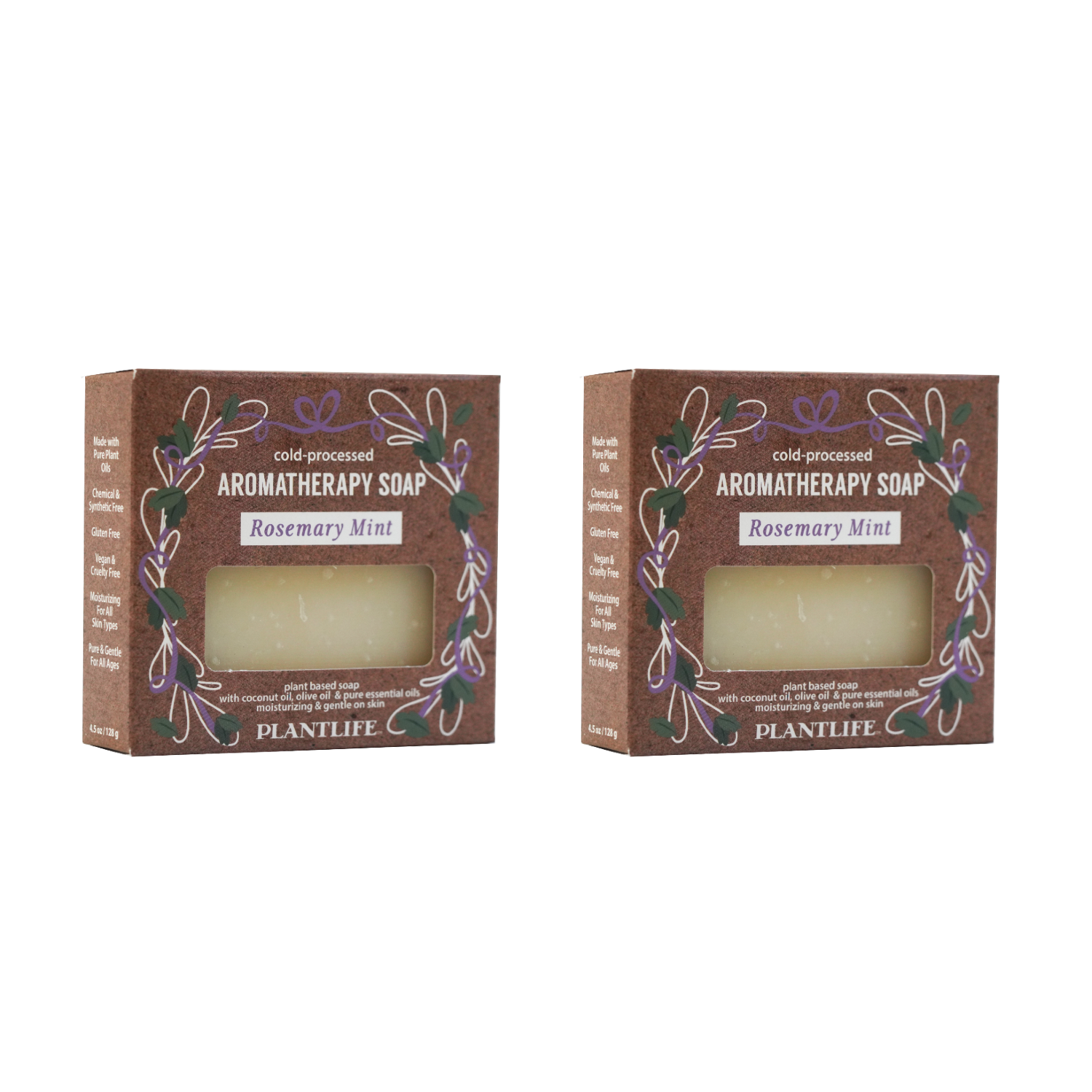 Two boxes of Plantlife Rosemary Mint Aromatherapy Soap on a white background