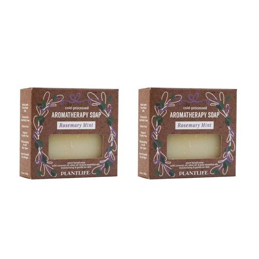 Two boxes of Plantlife Rosemary Mint Aromatherapy Soap on a white background